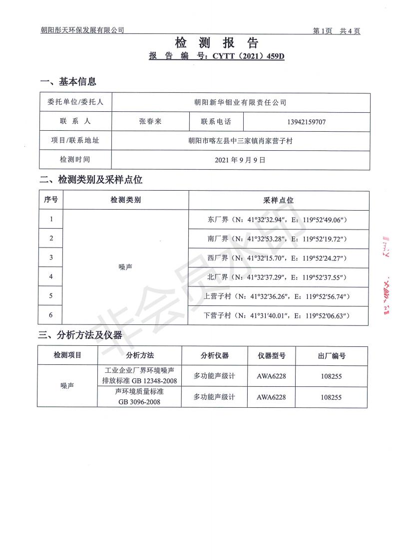 朝阳新华钼业有限责任公司2021年环境检测公示(图29)