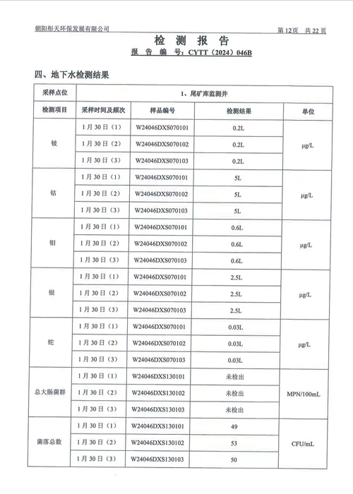 新华钼业2024年一季度地下水、废水检测公示(图15)